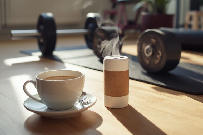 Kaffe og træningsudstyr i bagrunden